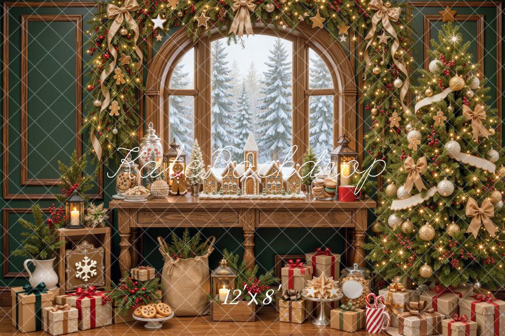 Kate Christmas Tree Arched Window Gingerbread Gifts Printed Backdrop Designed by Mini MakeBelieve