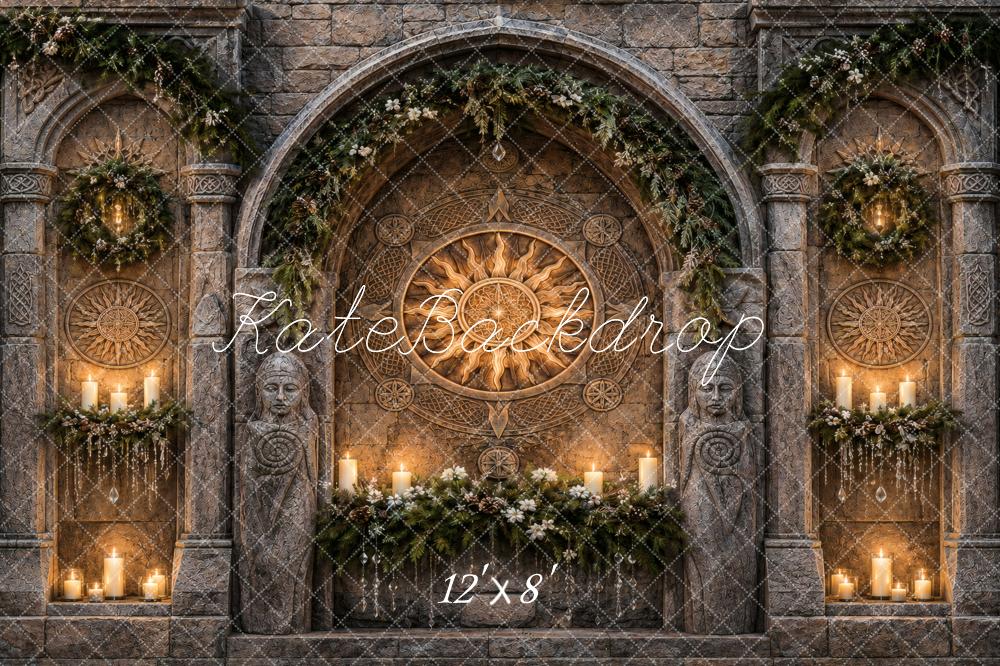 Kate Nordic Stone Sanctuary Stone Arch Sun Carving Candles Garland Printed Backdrop Designed by Vertigo Productions