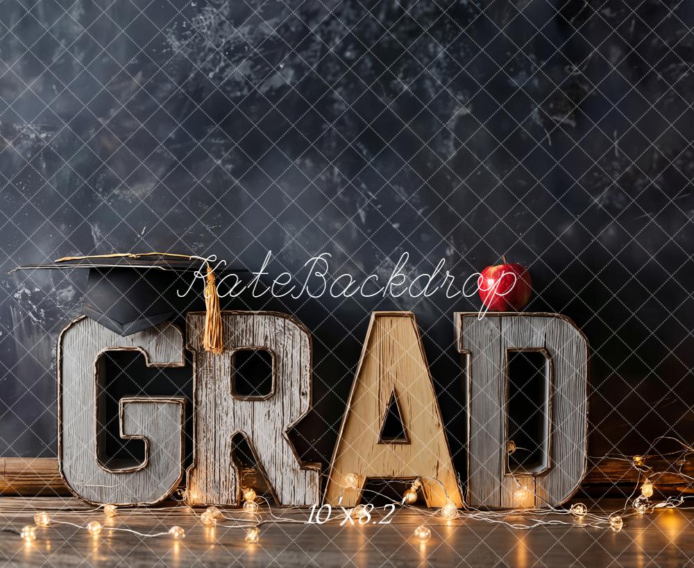 Kate Graduation GRAD Letters Chalkboard Apple String Lights Printed Backdrop Designed by Emetselch