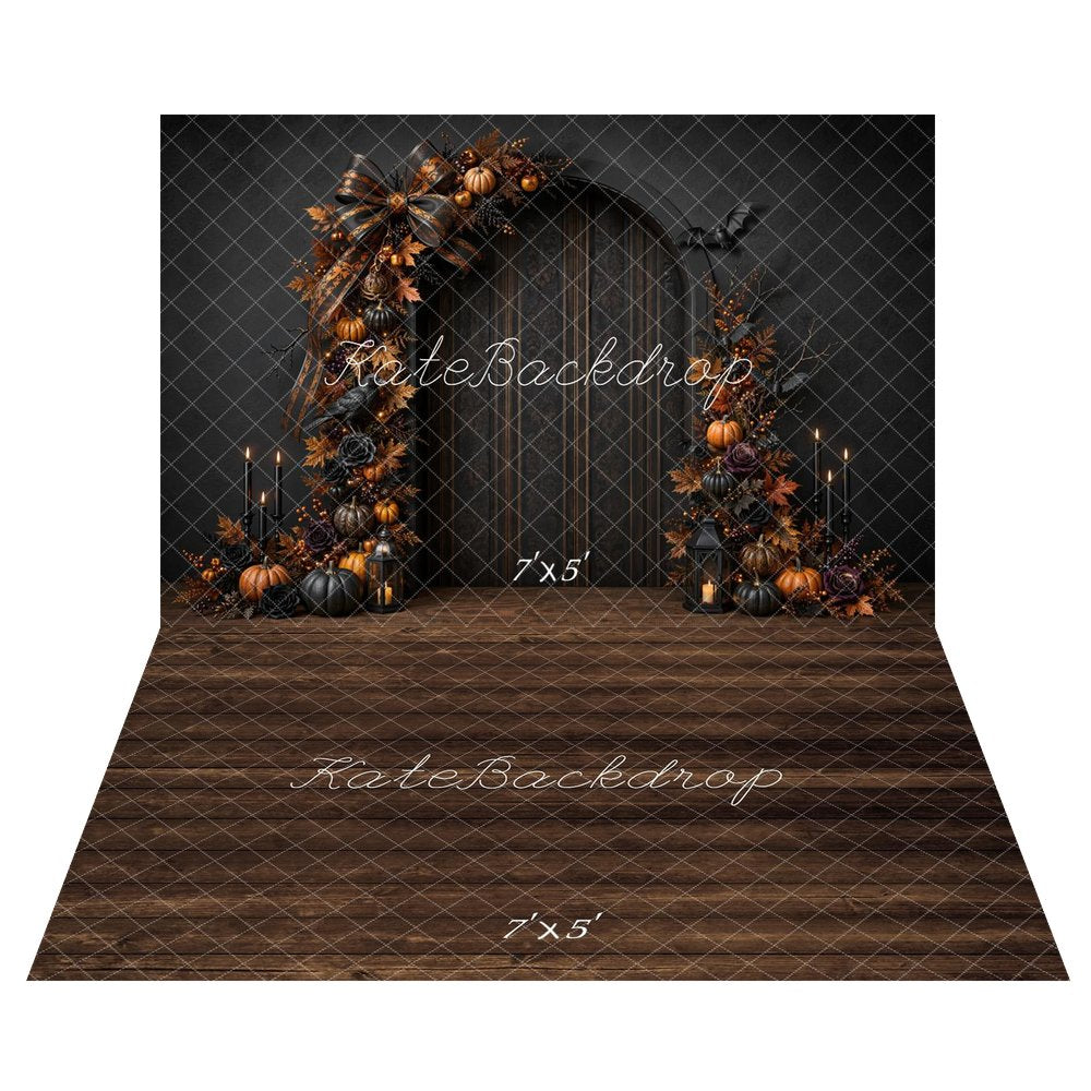 Kate Halloween Gothic Bow Pumpkins Arch Door Printed Backdrop+Chocolate Wood Floor Printed Backdrop for Photography