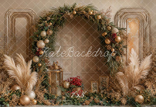 Kate Christmas Boho Flower Arch Gold Ornaments Pampas Grass Printed Backdrop Designed by Emetselch