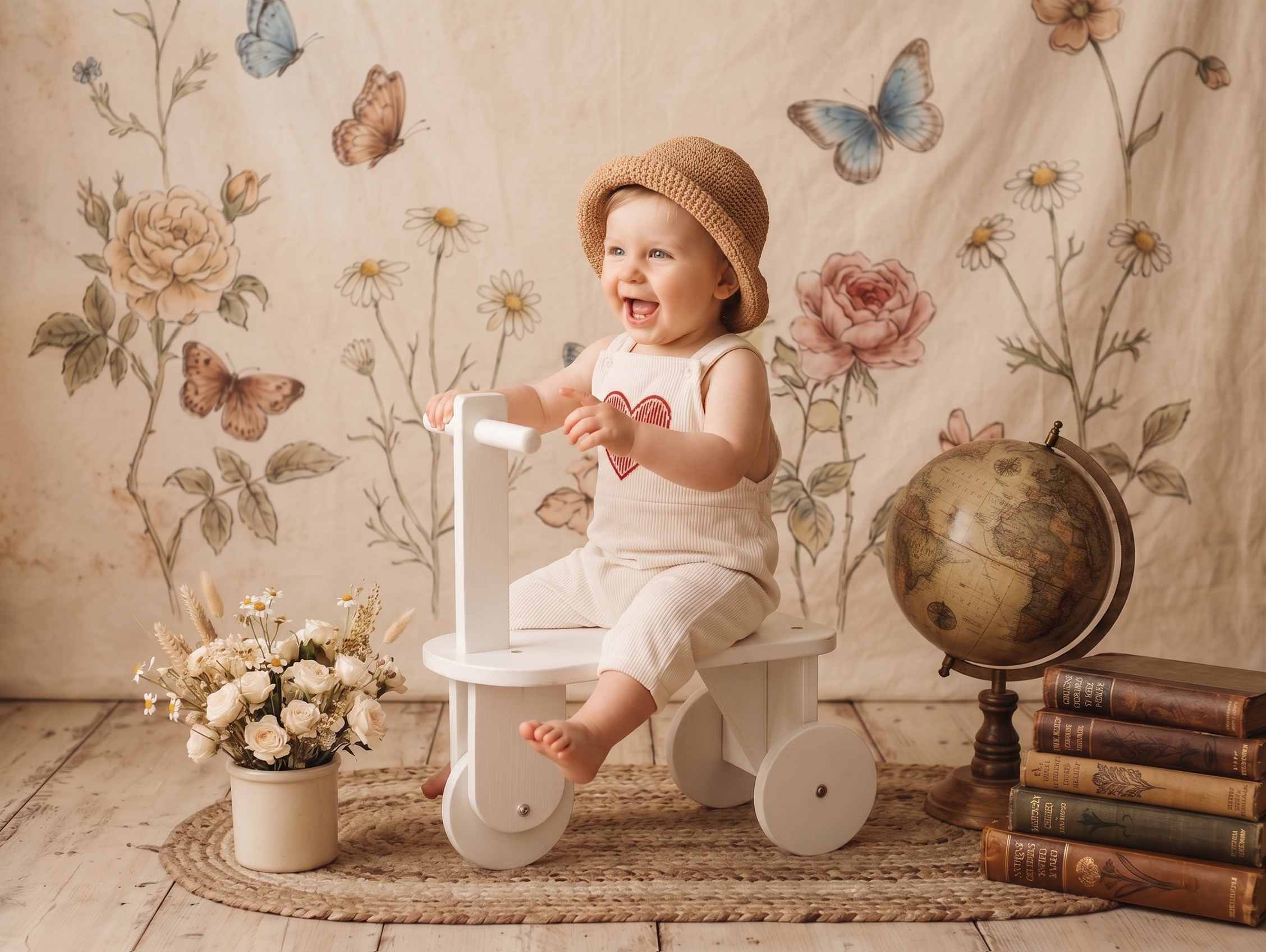 (Pre-sale 15 days) TEST Kate 'Nordic Rider' Vintage White Wooden Tricycle | Sitter & Birthday Photo Prop