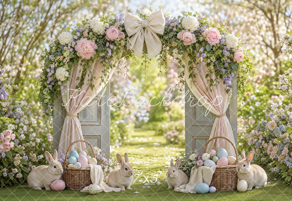 Kate Easter Flower Arch Garden Door Bunny Bow Curtains Printed Backdrop Designed by Emetselch