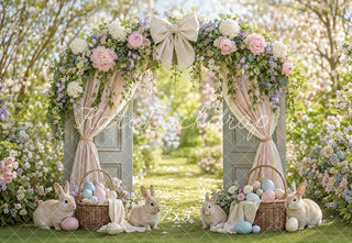 Kate Easter Flower Arch Garden Door Bunny Bow Curtains Printed Backdrop Designed by Emetselch
