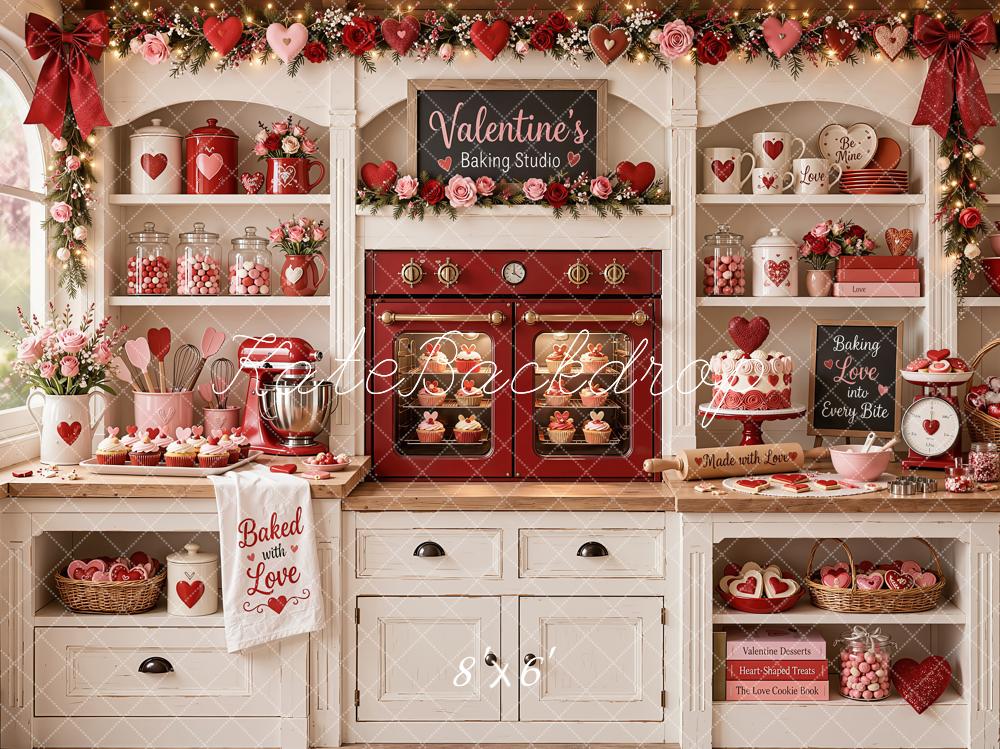 Kate Valentine's Day Kitchen Cabinet Baking Red Oven Roses Printed Backdrop Designed by Emetselch