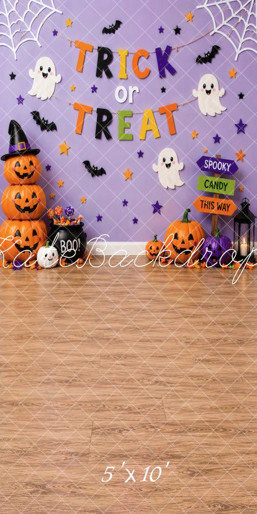 Kate Sweep Halloween Trick Or Treat Pumpkins Ghosts Purple Wall Printed Backdrop Designed by Vertigo Productions