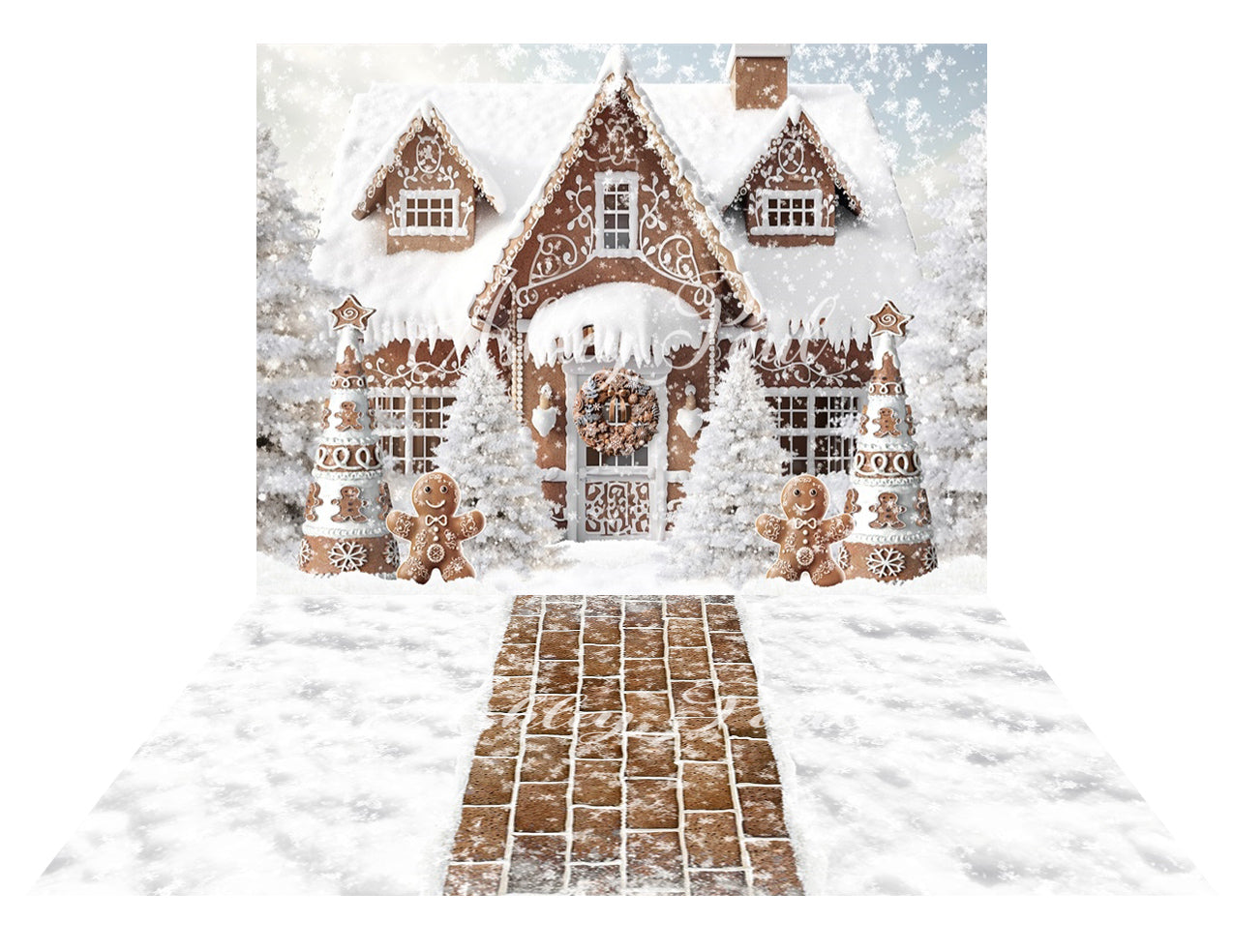 Kate Winter Christmas Gingerbread House Baking Cookies Backdrop+Winter Snow Brown Brick Path Floor Backdrop
