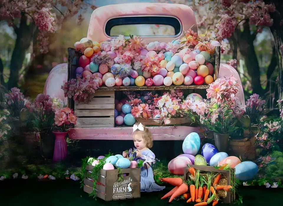 Kate Spring Pink Truck Colorful Easter Egg Backdrop Designed by Emetselch