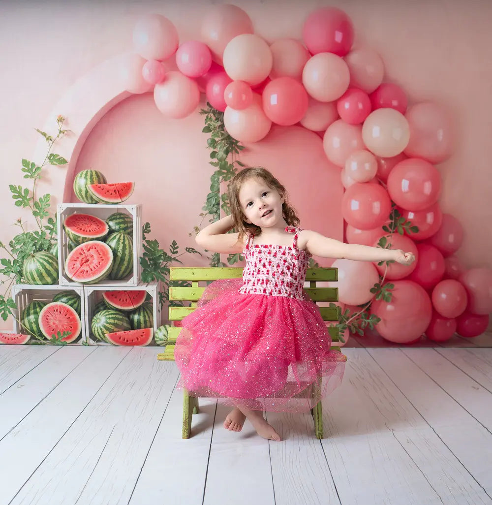 Kate Cake Smash Pink Balloon Arch Watermelon Crate Printed Backdrop Designed by Emetselch