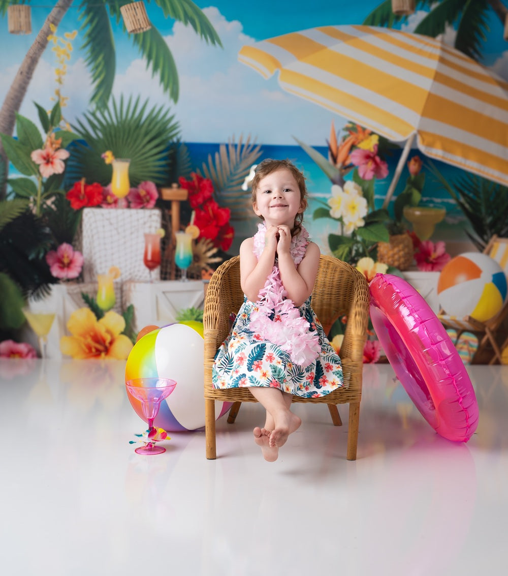 Kate Summer Beach Palm Trees Flowers Umbrella Printed Backdrop Designed by Emetselch