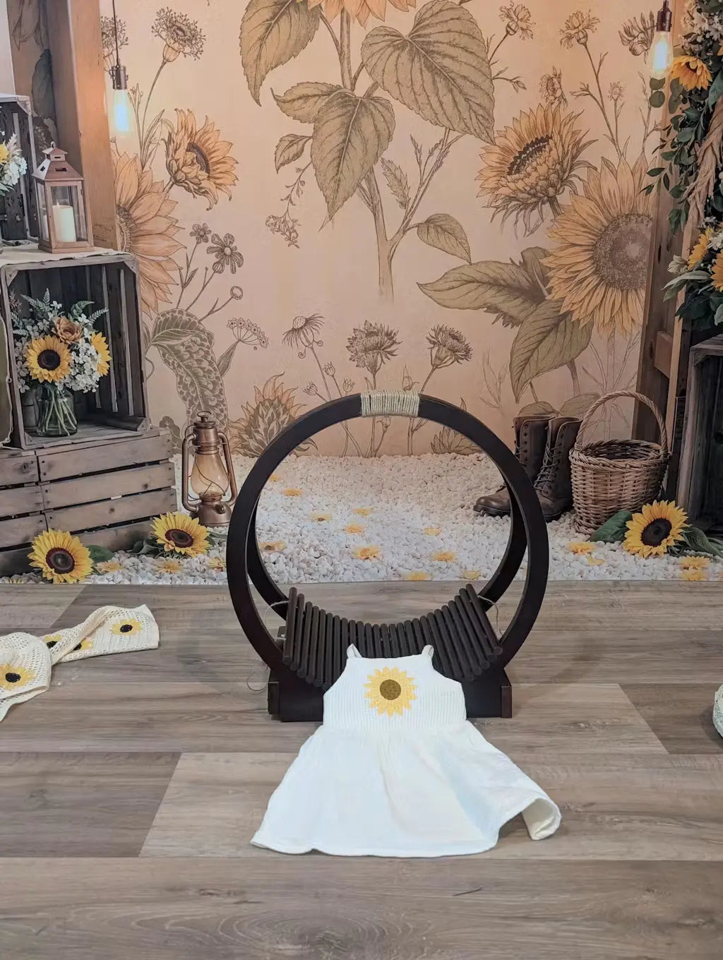 Kate Sunflower Flower Arch Rustic Barrels Crates Printed Backdrop Designed by Emetselch