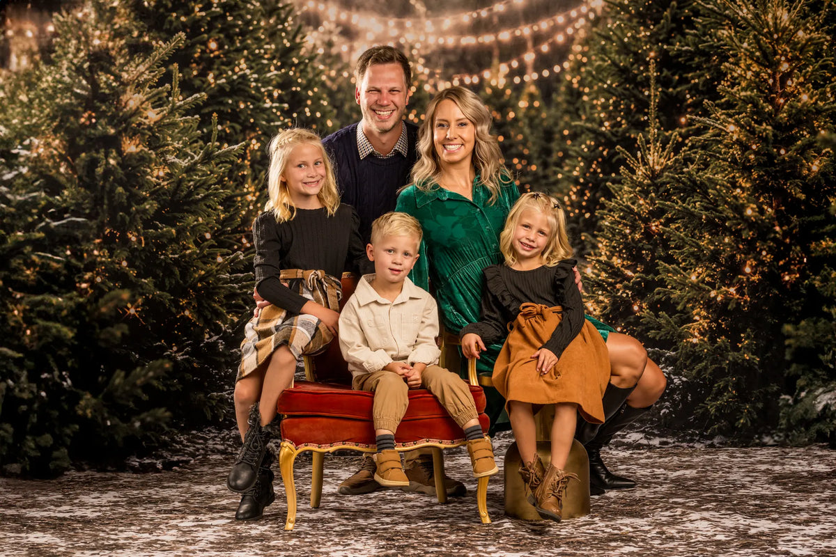 Kate Christmas Pine Tree Forest String Lights Printed Backdrop+Snowy Ground Dry Grass Floor Printed Backdrop