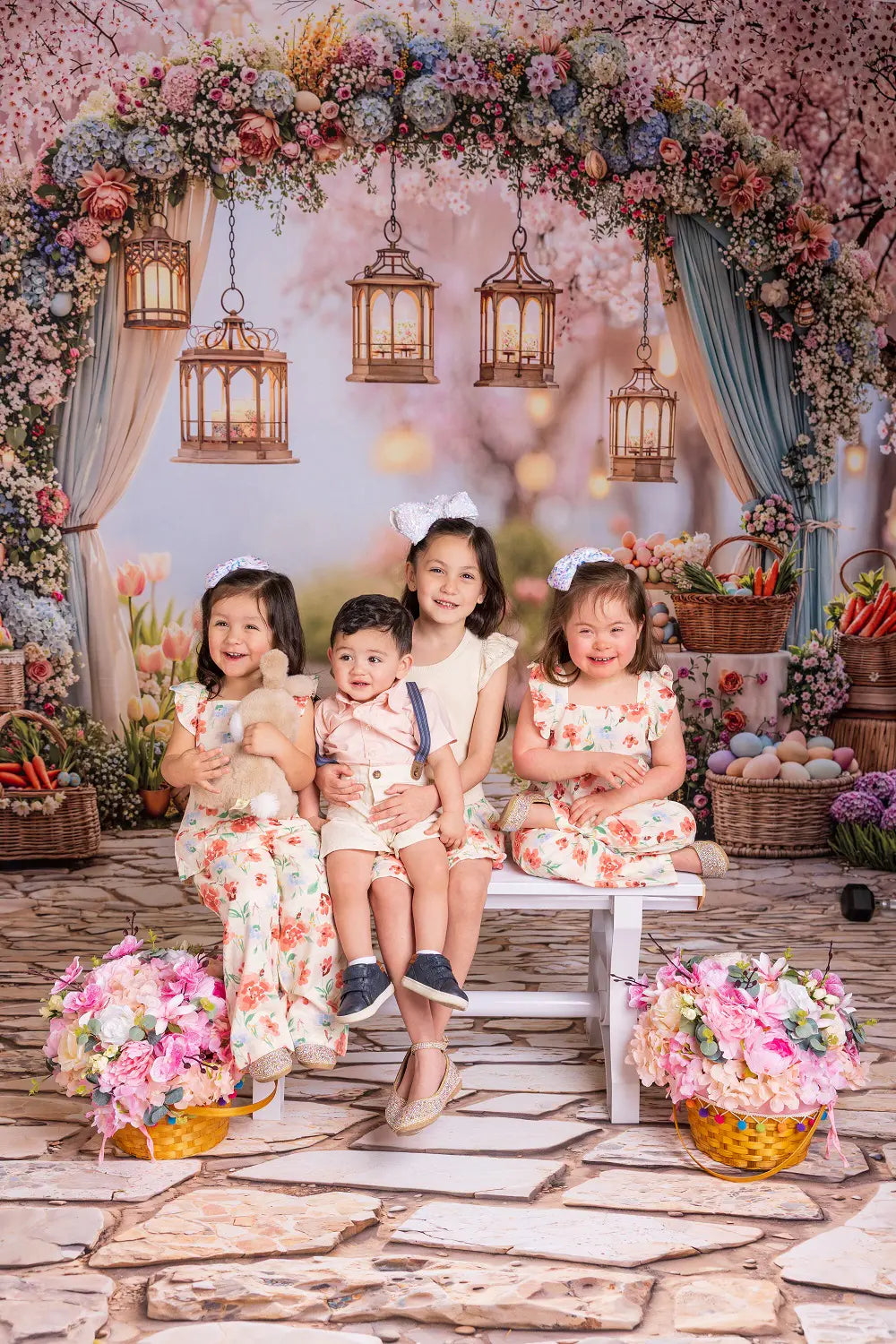 Kate Easter Spring Flower Arch Pastel Eggs Lanterns Garden Pink Printed Backdrop+Cobblestone Floor Printed Backdrop