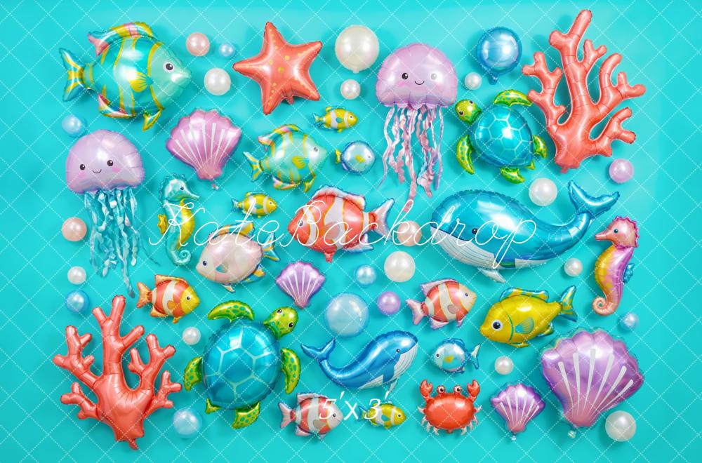 Kate Under the Sea Fish Turtle Shell Coral Balloons Blue Printed Backdrop Designed by Patty Roberts