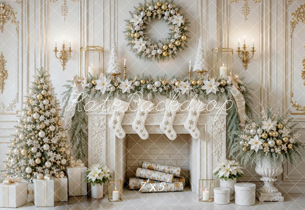 Kate Christmas Vintage Gold Fireplace Tree Wreath Printed Backdrop Designed by Mini MakeBelieve