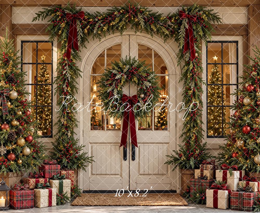 Kate Christmas White Front Door Garland Wreath Trees Printed Backdrop Designed by Shutter Swan Studios