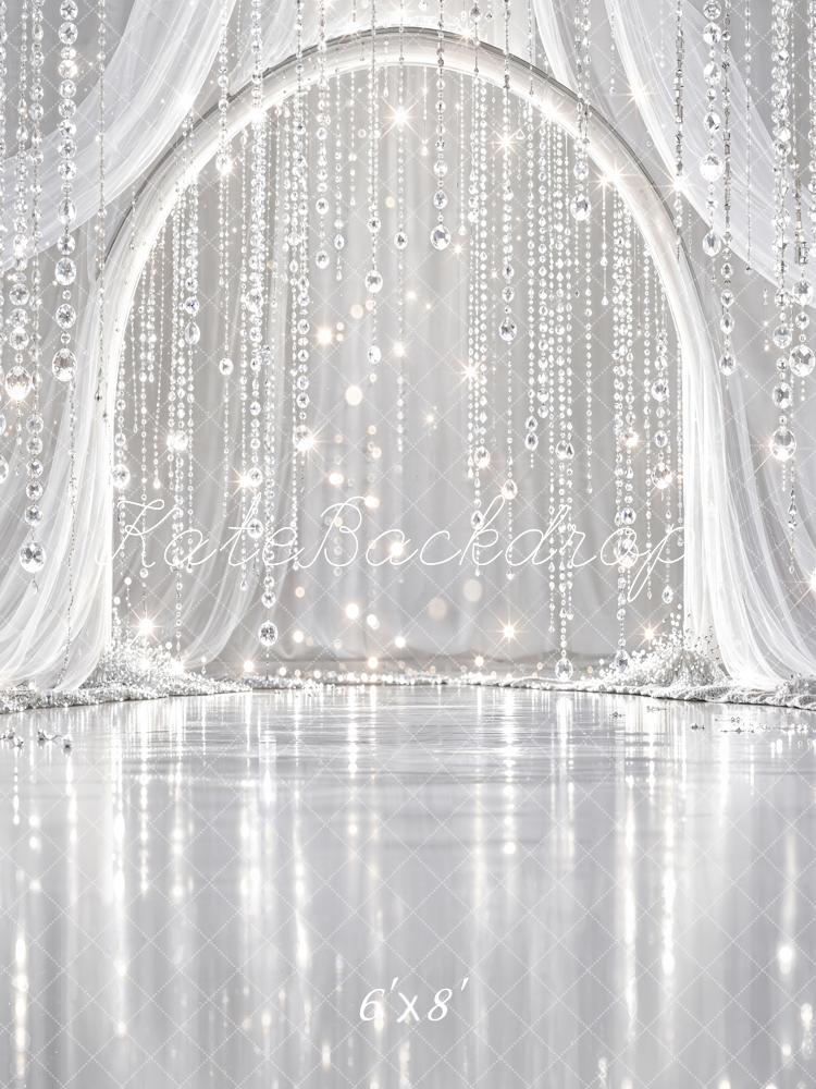 Kate Glamorous Crystal Bead Arch Silver Sheer Drapes Printed Backdrop Designed by Chain Photography