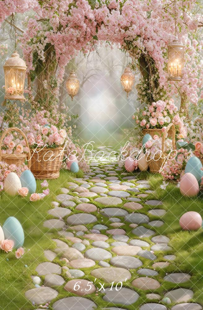 Kate Easter Flower Arch Pink Blossoms Pastel Easter Eggs Cobblestone Path Backdrop Designed by Emetselch