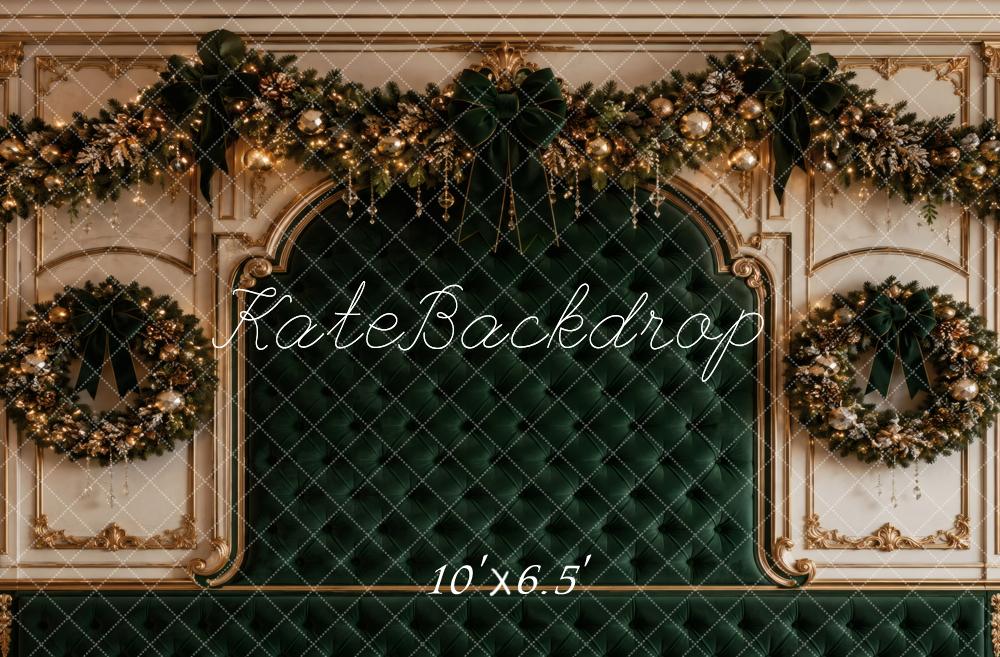Kate Christmas Green Velvet Headboard Garland Wreaths Printed Backdrop Designed by Vertigo Productions