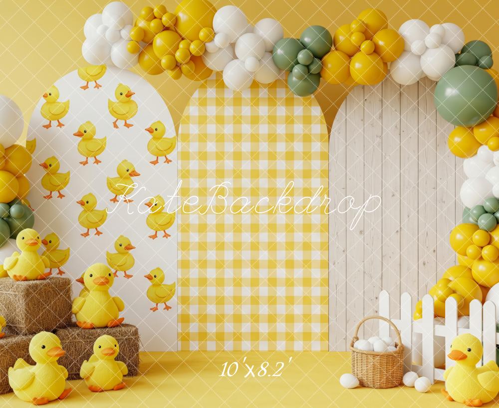 Kate Cake Smash Duckling Balloons Yellow Plaid Arches Backdrop Designed by Patty Roberts
