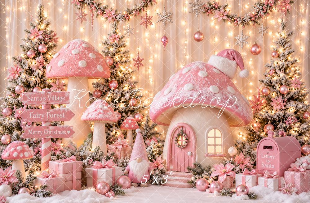 Kate Christmas Pink Mushroom Fairy Forest Cottage Snowy Printed Backdrop Designed by Ashley Paul