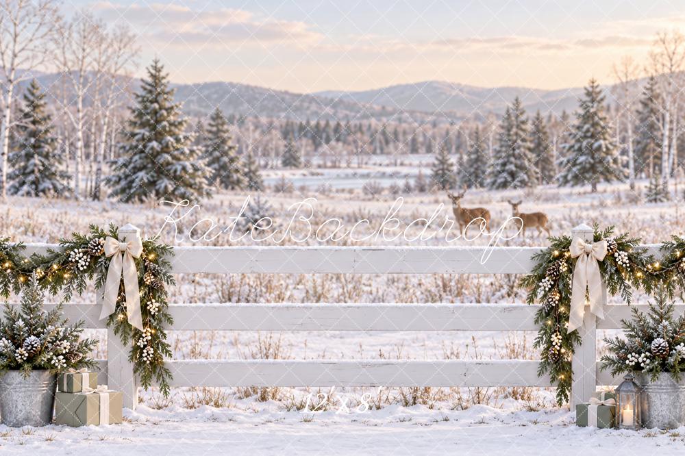Kate Christmas Snowy Fence Deer Evergreen Garland Printed Backdrop Designed by Vertigo Productions