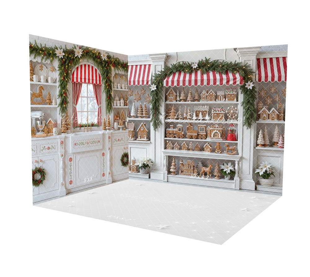 Kate Christmas Gingerbread Baking Kitchen Cabinet Red Striped Awning Printed Backdrop Room Set