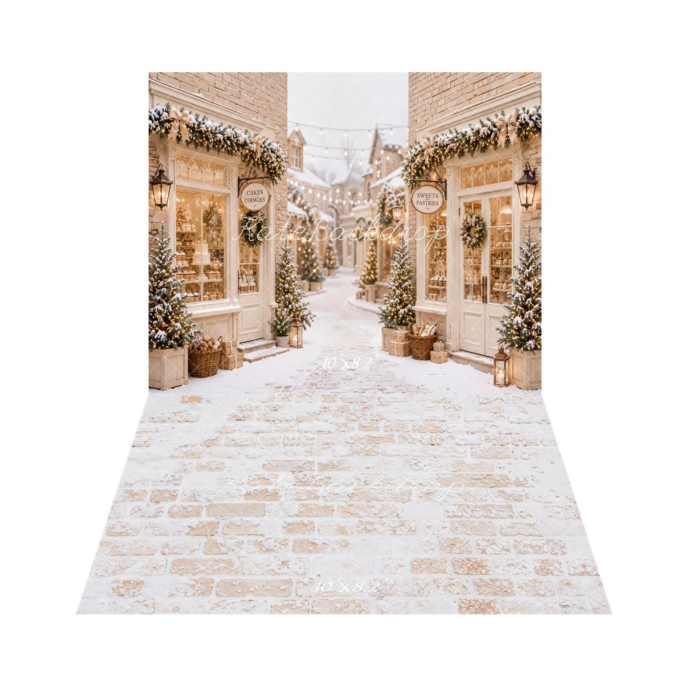 Kate Christmas Snowy Village Bakery Cobblestone Street Printed Backdrop+White Snow Vintage Brick Floor Printed Backdrop