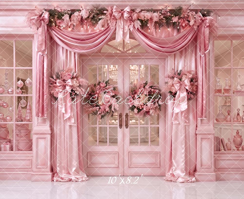Kate Christmas Shop Pink Floral Doorway Drapery Bow Printed Backdrop Designed by Angela Miller