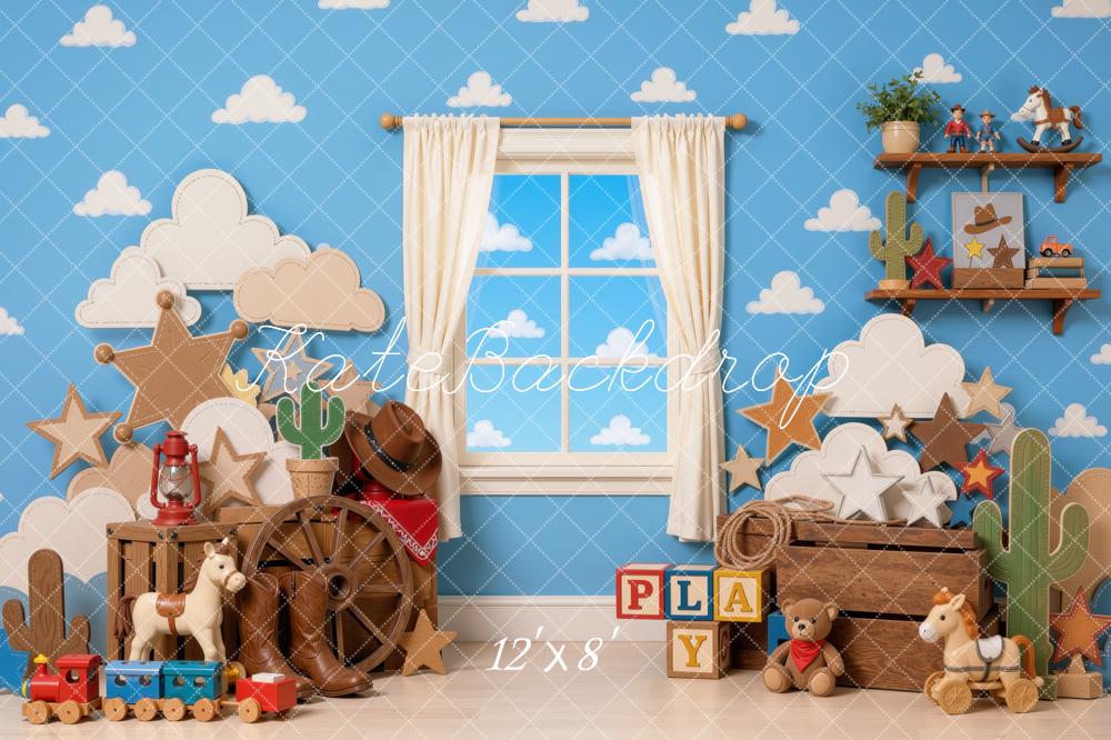 Kate Birthday Cowboy Western Clouds Cactus Stars Toys Printed Backdrop Designed by Mini MakeBelieve