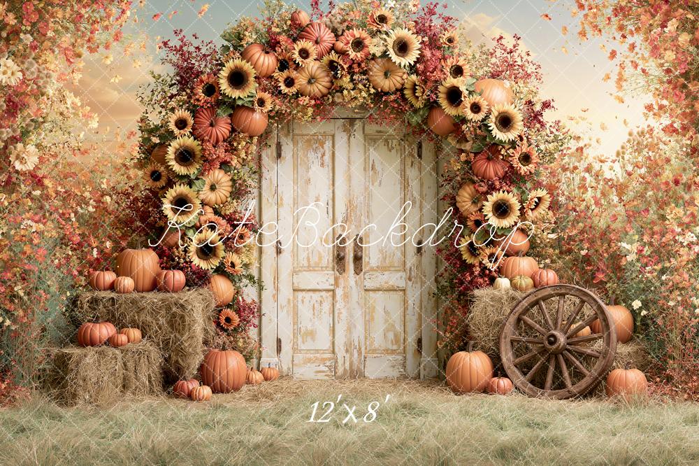 Kate Fall Flower Arch Pumpkin Sunflower Rustic Door Country Printed Backdrop Designed by Angela Miller