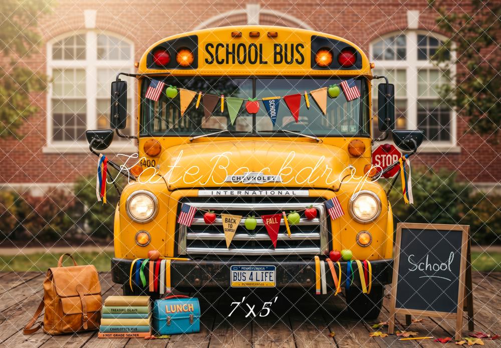 Kate Back To School Yellow School Bus Chalkboard Backpack Printed Backdrop Designed by Patty Roberts