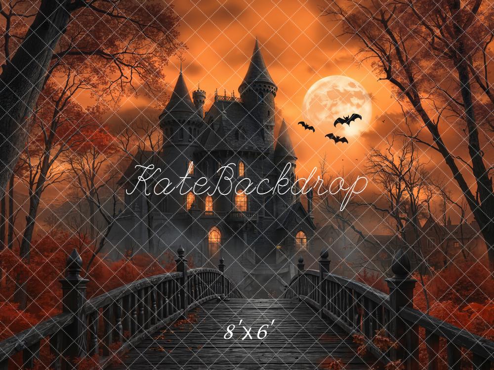 Kate Halloween Haunted Castle Bridge Full Moon Bats Orange Backdrop Designed by Emetselch