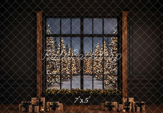 Kate Christmas Window Night Trees Presents Printed Backdrop Designed by Emetselch