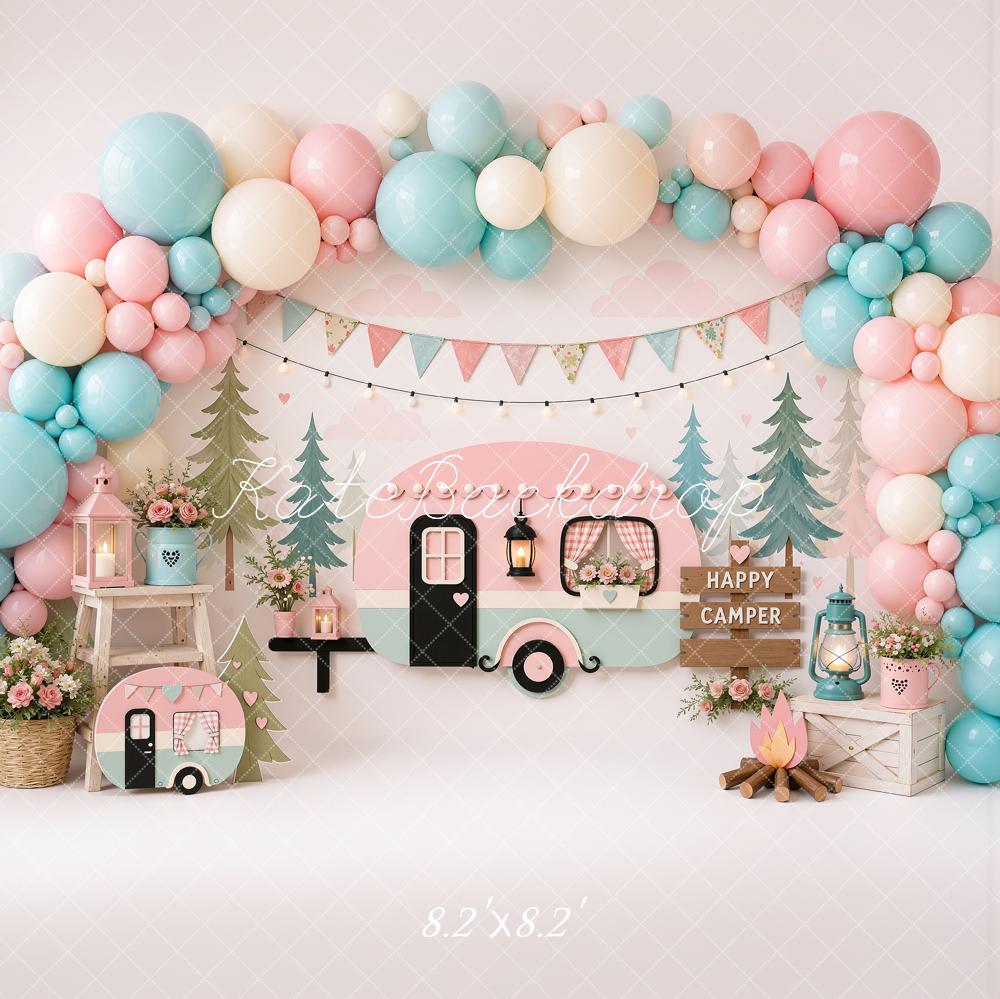 Kate Cake Smash Pastel Camper Party Balloons Campfire Printed Backdrop Designed by Ashley Ward