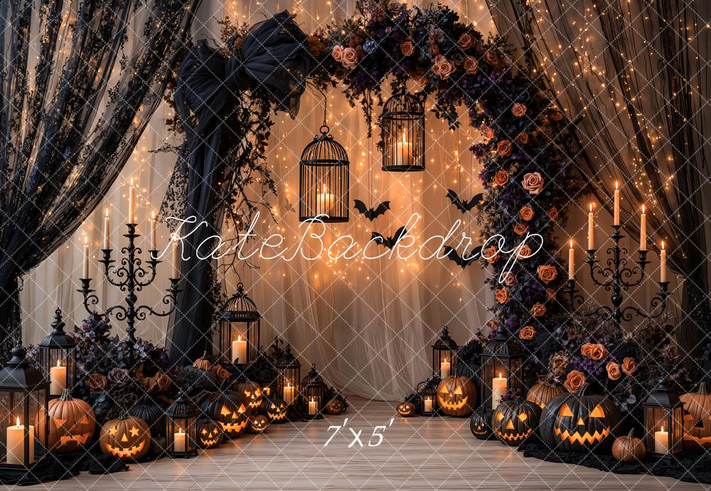 Kate Halloween Gothic Black Lace Curtains Bow Flower Arch Pumpkin Printed Backdrop Designed by Emetselch