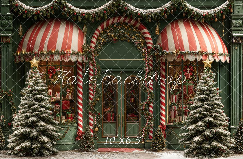 Kate Christmas Shop Candy Cane Striped Awning Snowy Trees Backdrop Designed by Emetselch