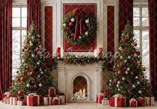 Kate Christmas Trees Vintage Red Bow Fireplace Wreath Gifts Printed Backdrop Designed by Emetselch