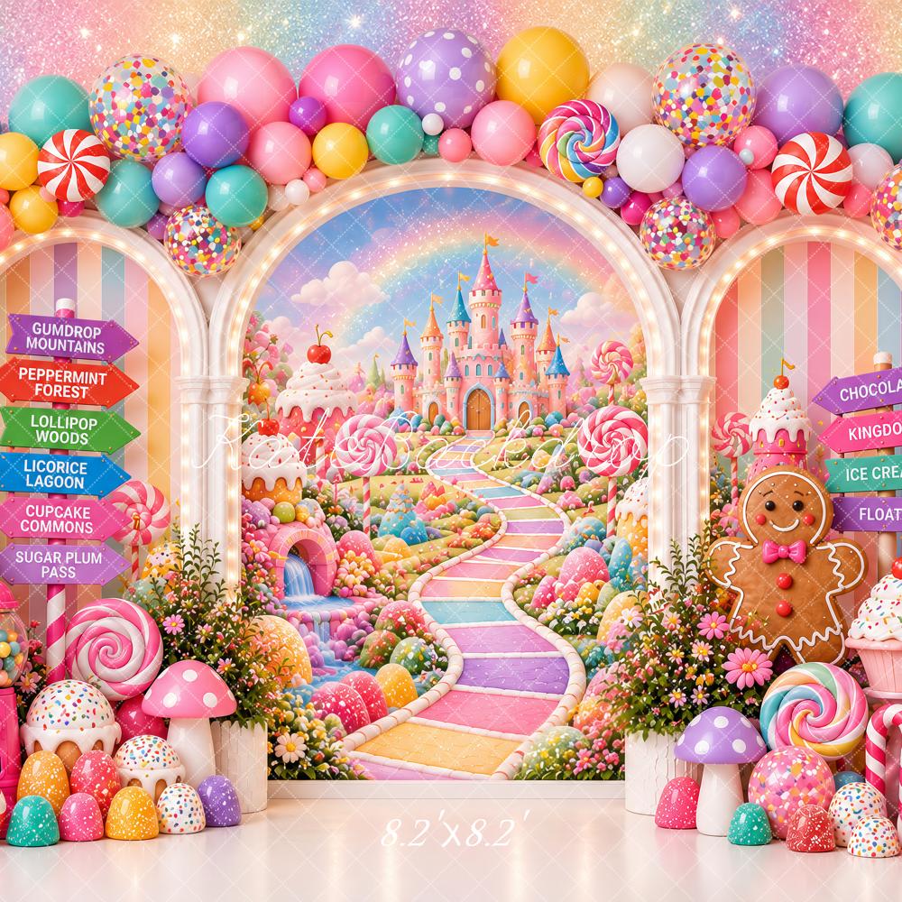 Kate Cake Smash Fantasy Candy Castle Lollipop Gingerbread Balloon Arch Printed Backdrop Designed by Ashley Paul