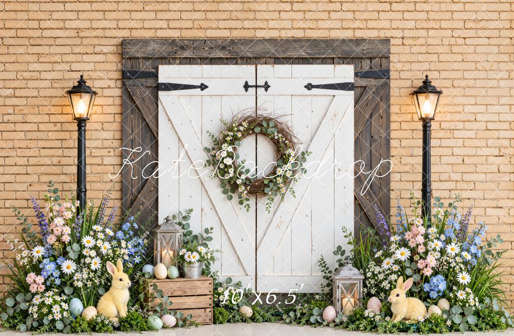 Kate Easter White Barn Door Flower Wreath Bunny Printed Backdrop Designed by Emetselch