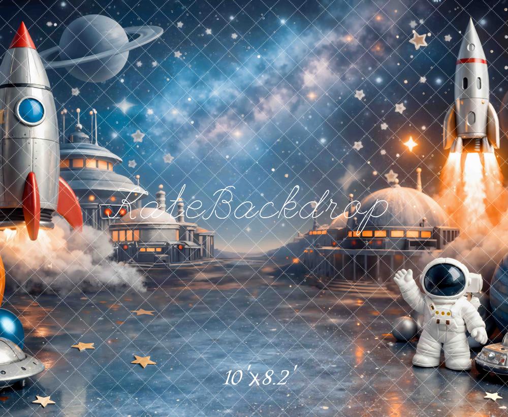 Kate Space Rocket Astronaut Planets Starry Sky Printed Backdrop Designed by Mini MakeBelieve