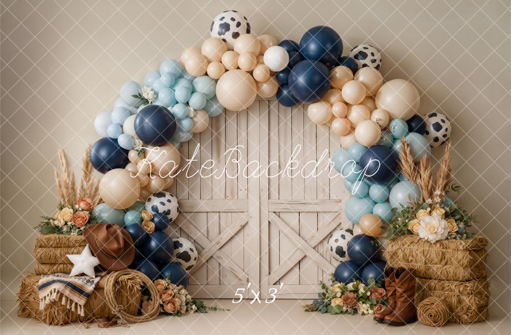 Kate Cake Smash Western Barn Door Balloon Arch Hay Bales Printed Backdrop Designed by Emetselch