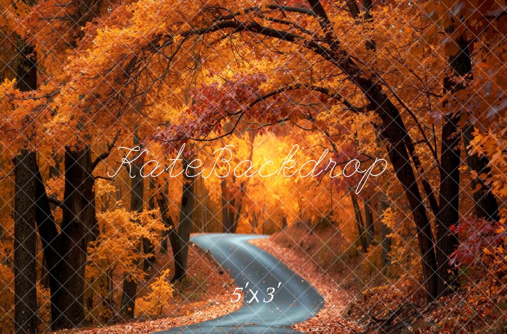 Kate Fall Forest Winding Road Orange Leaves Printed Backdrop Designed by Mini MakeBelieve