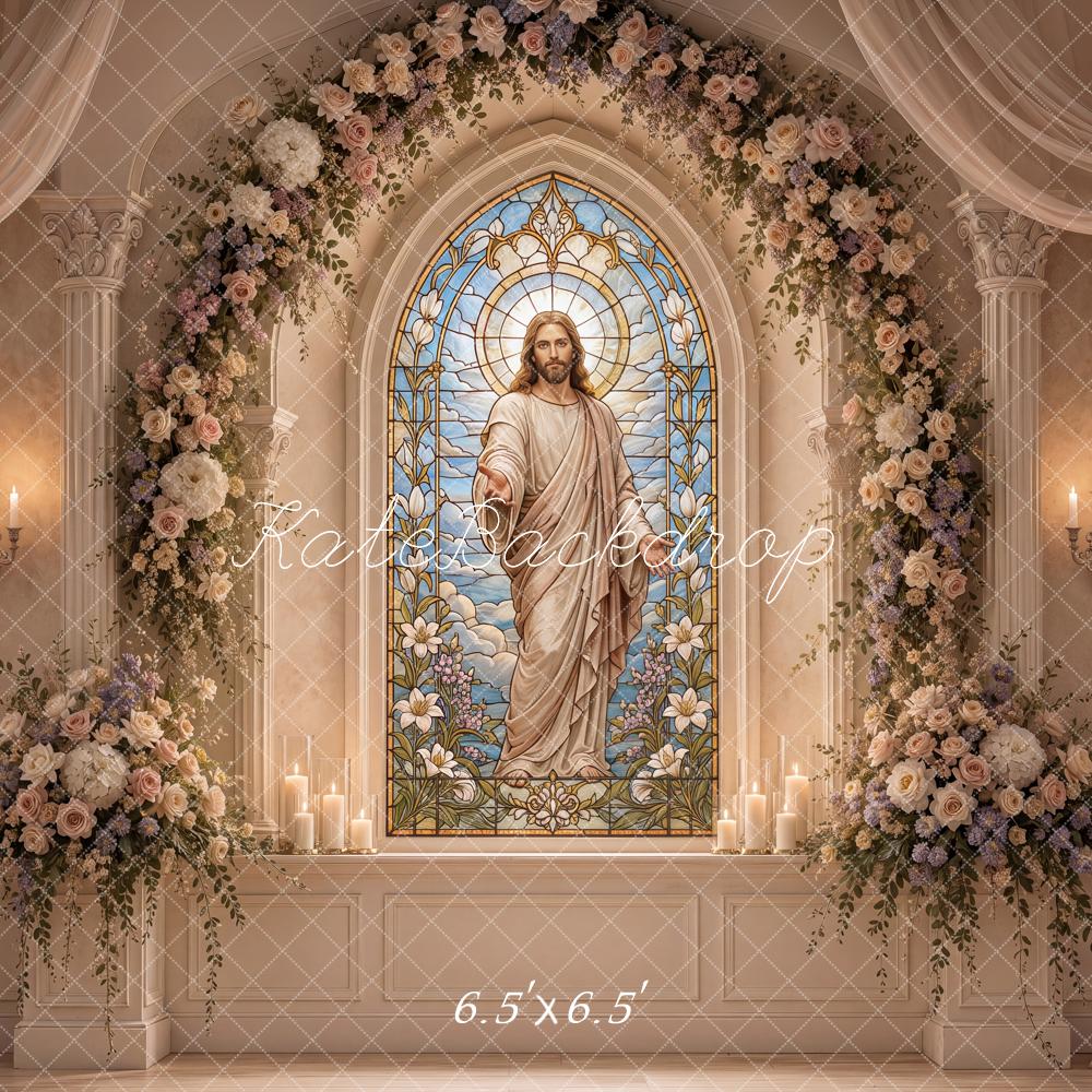 Kate Easter Christian Jesus Stained Glass Floral Arch Printed Backdrop Designed by Ashley Ward