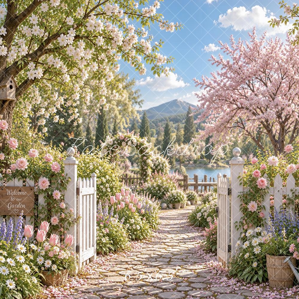 Kate Spring Cherry Blossoms Flower Garden Gate Mountain View Printed Backdrop Designed by Emetselch