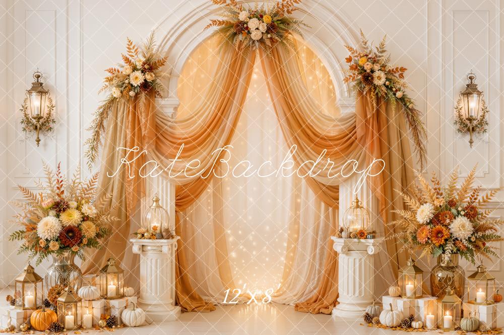 Kate Fall Drapes Flower Arch Pumpkin Candle Lantern Printed Backdrop Designed by Emetselch