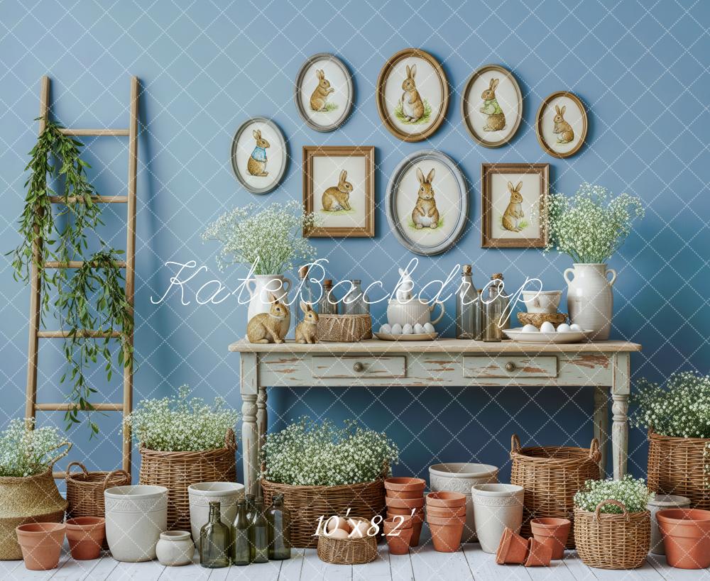 Kate Easter Bunny Blue Wall Baskets Pots Floral Decor Printed Backdrop Designed by Patty Roberts