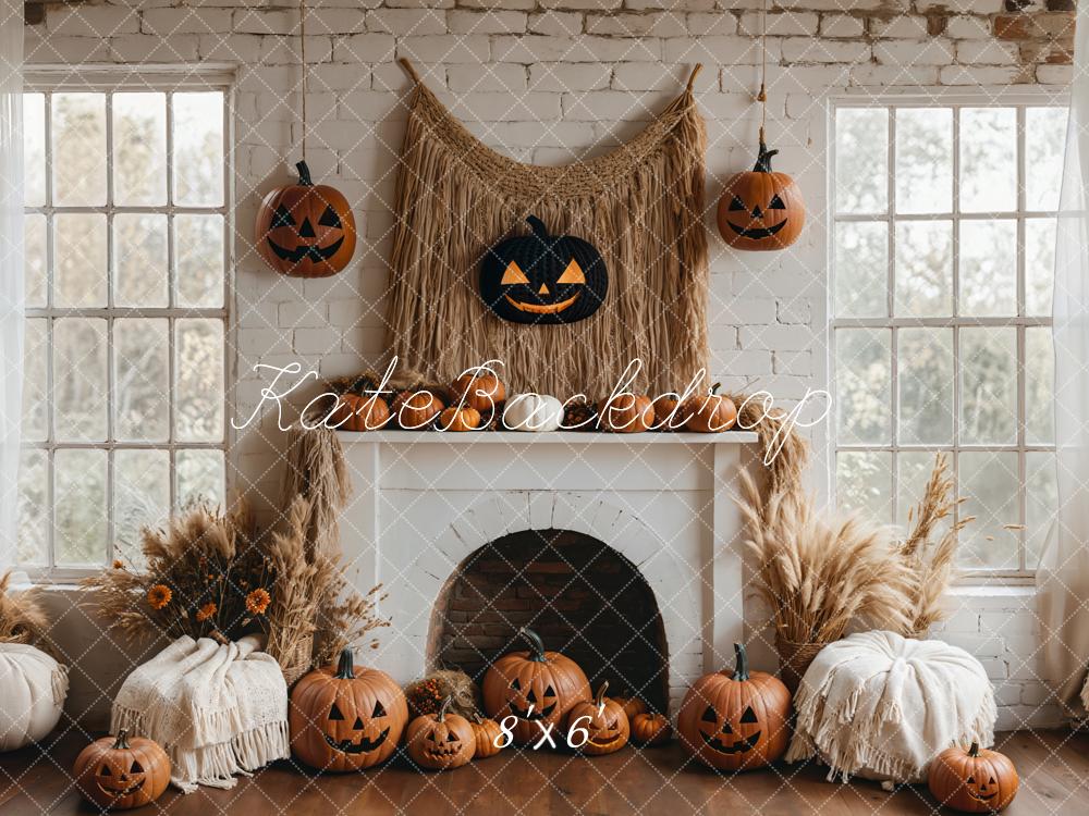 Halloween Pumpkin White Fireplace Boho Sfondo Designed by Emetselch