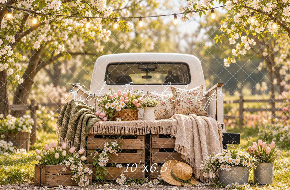 Kate Spring Vintage Truck Floral Blanket Rustic Outdoor Printed Backdrop Designed by Emetselch