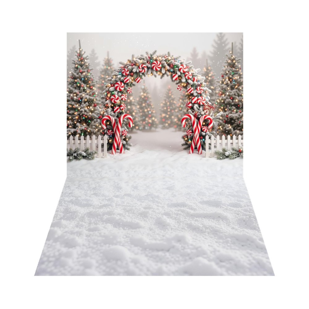TEST Kate Christmas Flower Arch Candy Cane Peppermint Snowy Trees Printed Backdrop+White Snow Ground Texture Printed Backdrop